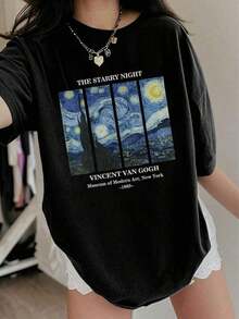 Nueva llegada 2026: Camiseta de manga corta de moda, diseño de nicho de verano, top holgado de talla grande. Camiseta 100% algodón puro, gruesa, en blanco y negro, con diseño gráfico y estampado de letras a la moda, estilo unisex de manga corta. Nueva colección para primavera, verano y otoño, transpirable y cómoda, estilo minimalista y versátil de ropa urbana, conjunto a juego para parejas. - Negro - Ver 1