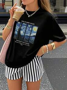 Nueva llegada 2026: Camiseta de manga corta de moda, diseño de nicho de verano, top holgado de talla grande. Camiseta 100% algodón puro, gruesa, en blanco y negro, con diseño gráfico y estampado de letras a la moda, estilo unisex de manga corta. Nueva colección para primavera, verano y otoño, transpirable y cómoda, estilo minimalista y versátil de ropa urbana, conjunto a juego para parejas. - Negro - Ver 4