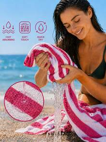 100% Organic Cotton Striped Beach Towel - Sand-Free & Ultra Absorbent & Made In Türkiye - Pink - View 6