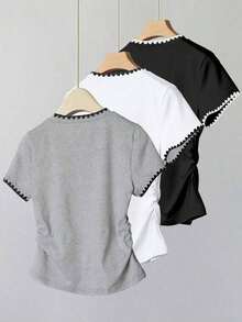 Set de 3 piezas de tops para mujer para exteriores, en color champán, marrón moca y negro, nuevas llegadas de verano, camiseta ajustada con pliegues, de moda y versátil, con estilo callejero fotogénico, imprescindible, de vuelta al colegio, que lla - Multicolor 13 - Ver 2