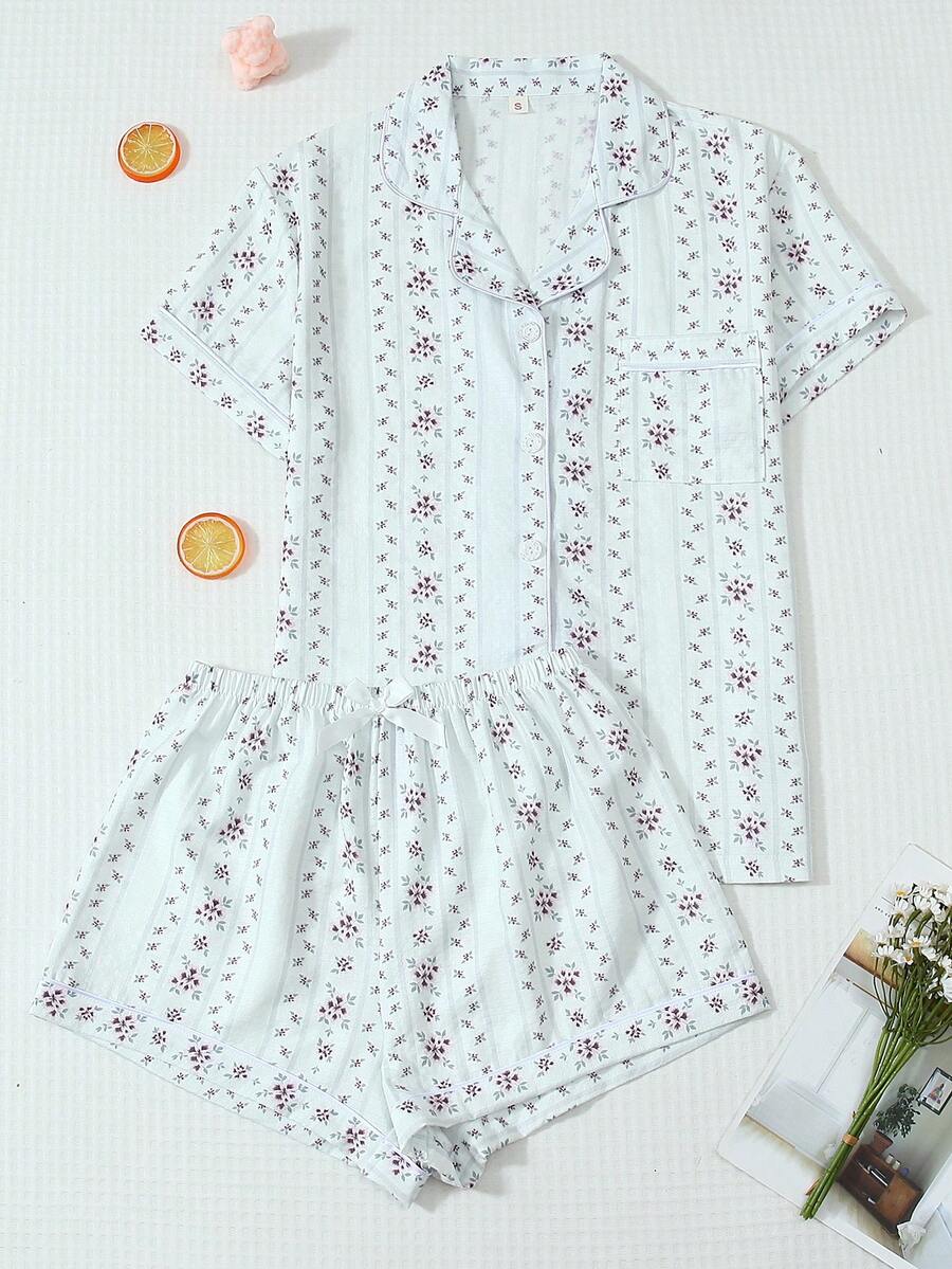 Bộ đồ ngủ 2 món thoải mái họa tiết sọc hoa, tay ngắn, cổ polo và quần short có nơ dành cho nữ, thích hợp cho mùa xuân/hè. - trắng - Xem 1