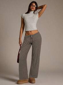 Pantalones de pierna ancha con estampado de rayas y nudo a la cintura de baja altura para mujer, pantalones de verano para mujer, conjunto de verano para mujer, ropa de playa para mujer, pantalones casuales para mujer, pantalones a rayas para mujer, pantalones con cordón, conjunto de verano para mujer - Caqui - Ver 11