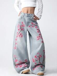 1 chiếc quần jeans ống rộng thoải mái, phong cách đường phố Mỹ, thêu họa tiết dành cho nữ, đa năng cho mọi mùa (Không bao gồm thắt lưng/phụ kiện) - Rửa nhẹ - Xem 3