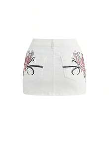 Babe Slim Fit Butterfly Embroidered Sexy Low Waist Bodycon Mini Skirt - Blanco - Ver 1