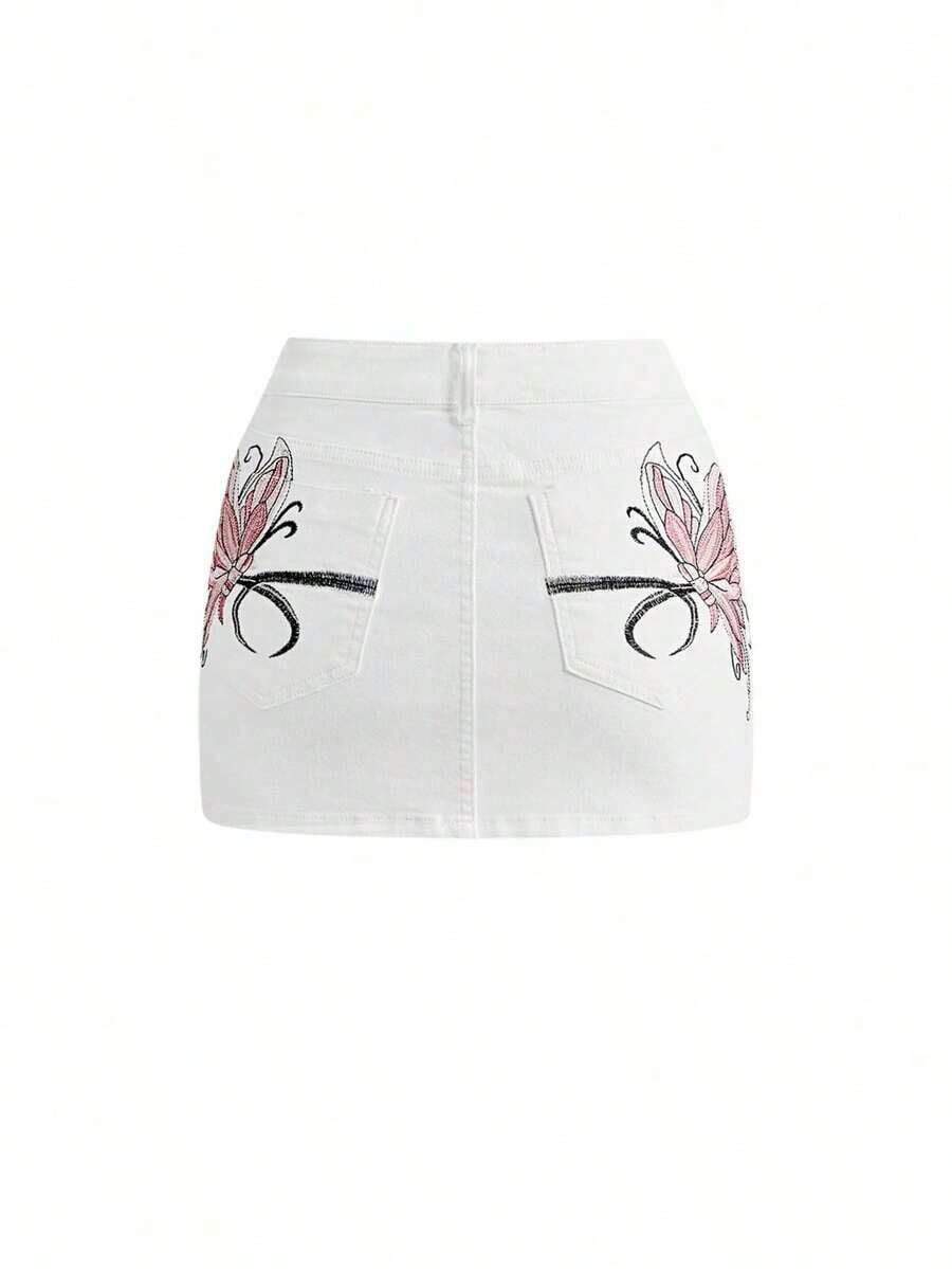 Babe Slim Fit Butterfly Embroidered Sexy Low Waist Bodycon Mini Skirt - Blanco - Ver 1