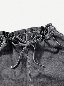 Shorts en mezclilla de cintura con volante bajo de doblez - Gris - Ver 5