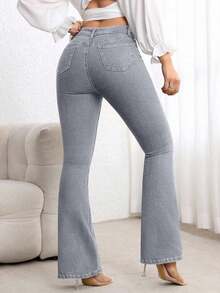 Jeans de talle alto con vuelo de unicolor simple para uso casual y de oficina de las mujeres - Gris Claro 2 - Ver 2
