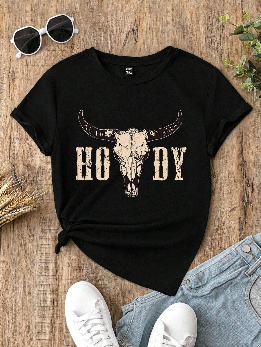Camiseta ajustada de mujer de manga corta con cuello redondo, estampado de cabeza de buey, adecuada para el verano - Negro 2 - Ver 1