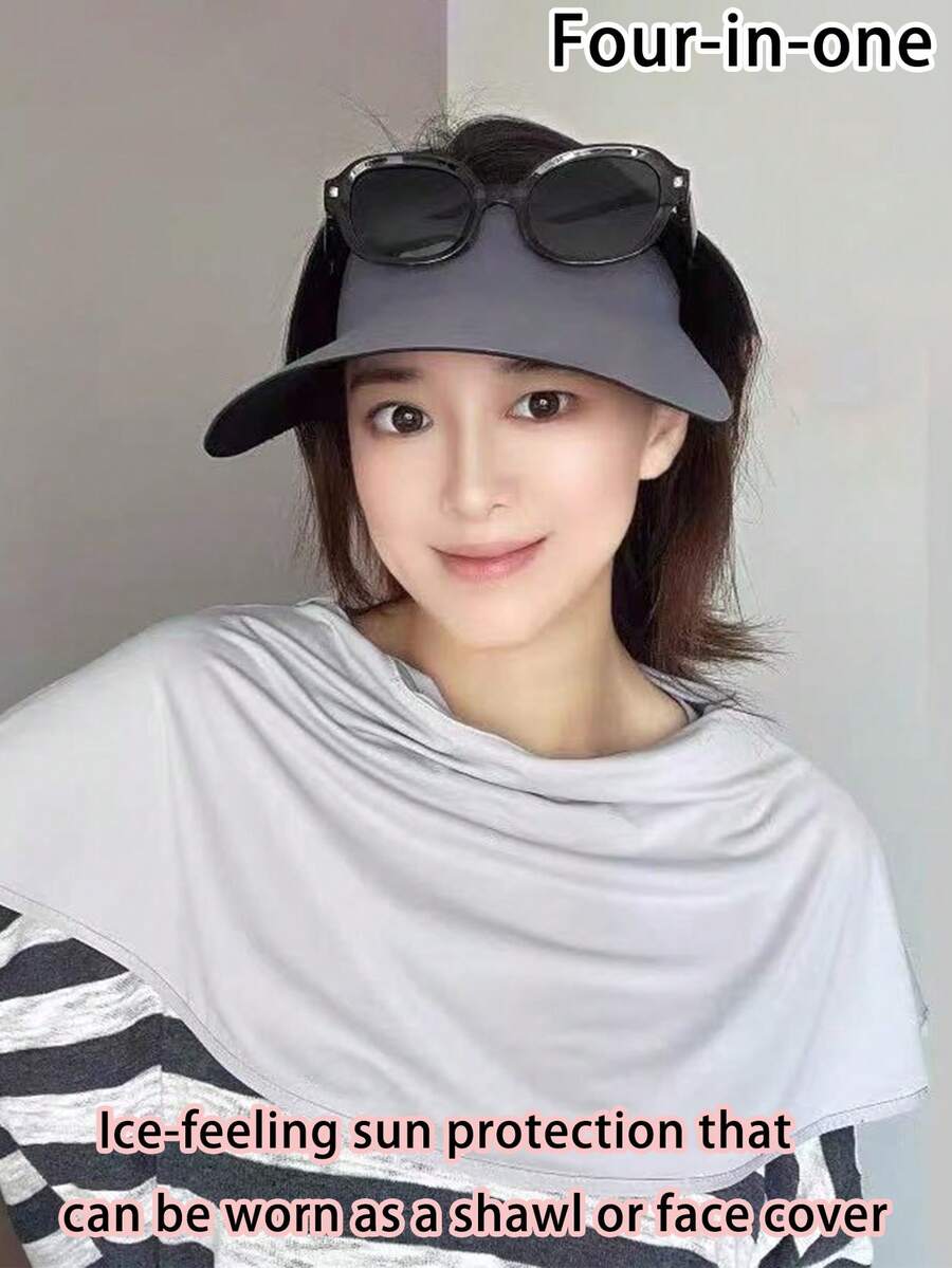 夏季户外半脸网眼防晒面罩,女士全脸颈部防护冰丝透气遮阳帽(四合一),加大码,耳挂式防晒披肩面罩 - 彩色 - 查看 1