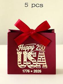 250th Independence Day Happy USA Foil Gift Bag, American National Day Party Souvenir Box, July 4th Holiday Decor Red Blue White Paper Bag, Summer Celebration Favor Packaging With Bow Design, Patriotic Metallic Feel Party Supplies - View 15