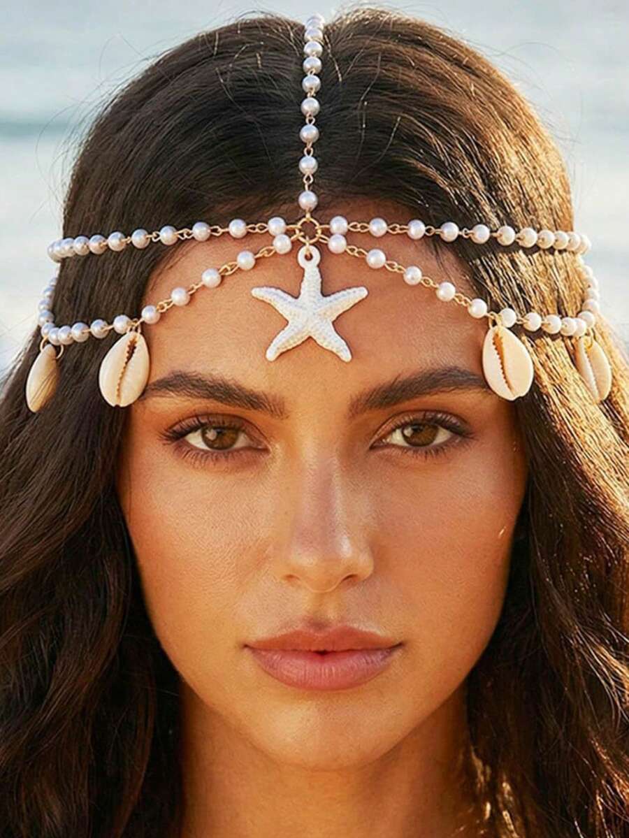 1 chiếc dây chuyền ngọc trai giả kiểu Bohemian, mặt dây chuyền hình sao biển, phụ kiện tóc phong cách thường ngày đi biển, nghỉ dưỡng. - Nhiều màu - Xem 1
