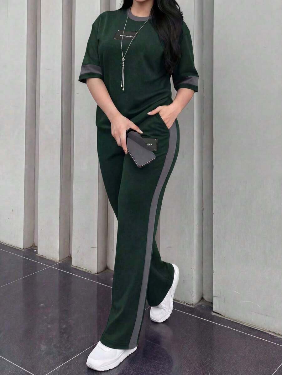 2 piezas Conjunto de camiseta de manga corta de cuello redondo y pantalones sueltos de cintura elástica para mujer, uso diario casual elegante de verano en color negro - Verde oscuro 24 - Ver 1