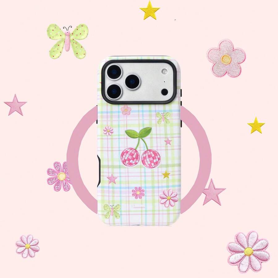 1pc Cherry Plaid Butterfly Star Flower Magnetic Wireless Charging 2-In-1 Protective Phone Case Compatible With Apple 17 Pro Max/16 Pro Max/15 Plus/15 Pro/15/14 Pro Max/14 Plus/14 Pro/14/13 Pro Max/13 Pro/13/12 Pro Max/12 Pro/12 11, Suitable As Gift For Boyfriend/Girlfriend - Multicolor - View 1
