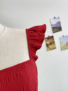 Vestido mini de mujer para vacaciones, de color caqui marrón, con textura de ramitas y hojas, de tela, con mangas de tipo gorro, espalda abierta y cintura con lazo, apto para fiesta, cita, té de la tarde, estilo bohemio, festival de música, carnaval, playa. - Rojo - Ver 7