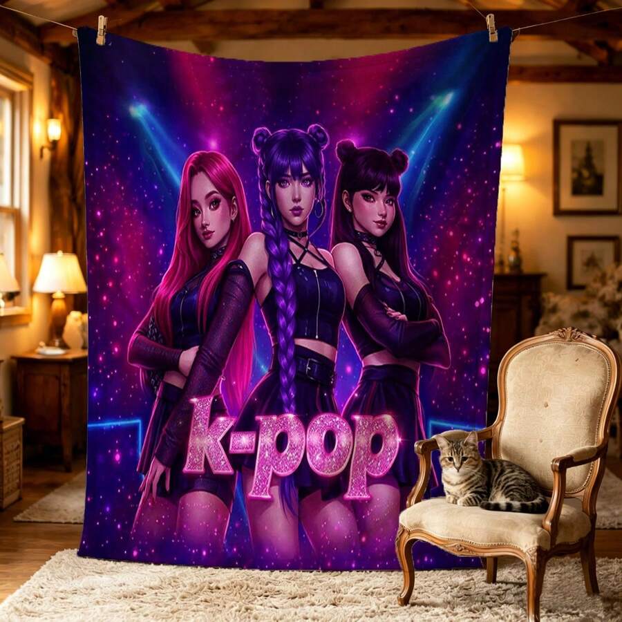 1件K-Pop女团风格人物印花挂毯，采用法兰绒面料，柔软亲肤，保暖透气，可用作空调毯、午睡毯、床单，也适合野餐、车载和露营使用。 - 彩色 - 查看 1