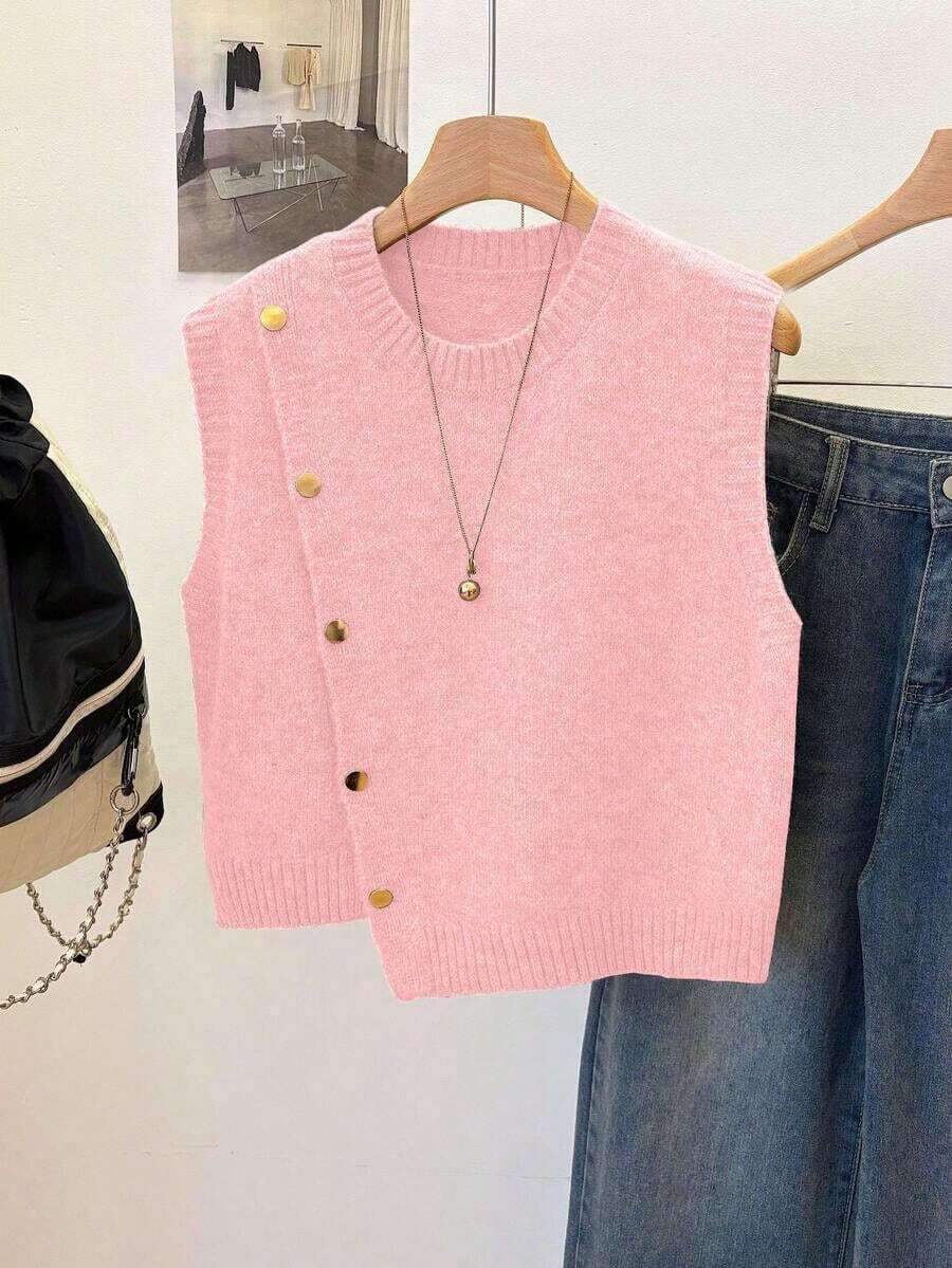 1 pieza Chaleco sin mangas de punto de unicolor con cuello redondo corto, diseño asimétrico con botones, accesorio de moda, chaleco versátil de punto para el verano - Rosa Pálido - Ver 1