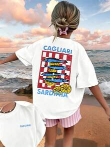 1pc Girls' Retro Sardine Fish Print Short Sleeve T-Shirt, New Arrival, Sardinia Cagliari Island Style, Casual Versatile Round Neck Top, Vacation Outfit For Older Kids - White - View 4