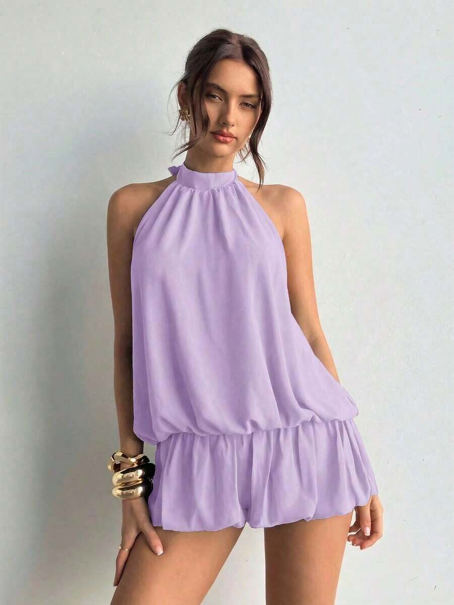 Women's Casual Summer Dress With Halter Neck, Solid Color And Ruffles At The Hem - Khaki - View 1