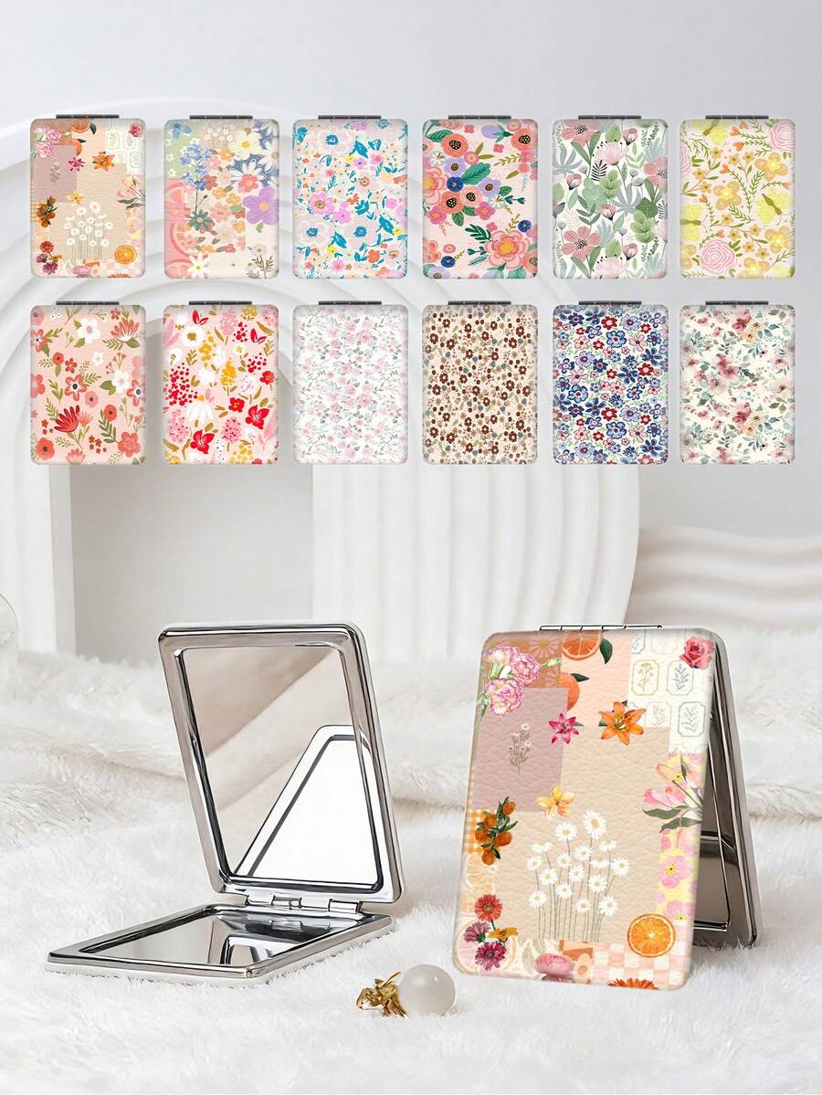 1pc Floral Countryside British Style Folding Vanity Mirror, Portable Ultra-Thin Convenient Hand Mirror, Durable PU Leather, Multi-Scenario, Suitable For All, Rectangular Folding Pocket Mirror, Delicate Floral & Butterfly Pattern Design, Foldable Structure, Wear-Resistant, Reliable, Shockproof, Easy To Carry, Double-Sided 180° Flip Cover, Multi-Functional - Multicolor - View 1