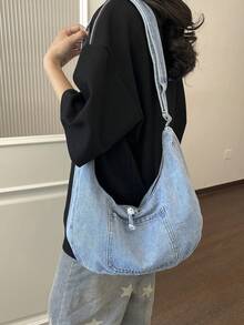 1件女款時尚斜挎包、單肩包、半月包，適合購物、約會、外出、派對、通勤，可調節肩帶 - 淺藍色 - 查看 4