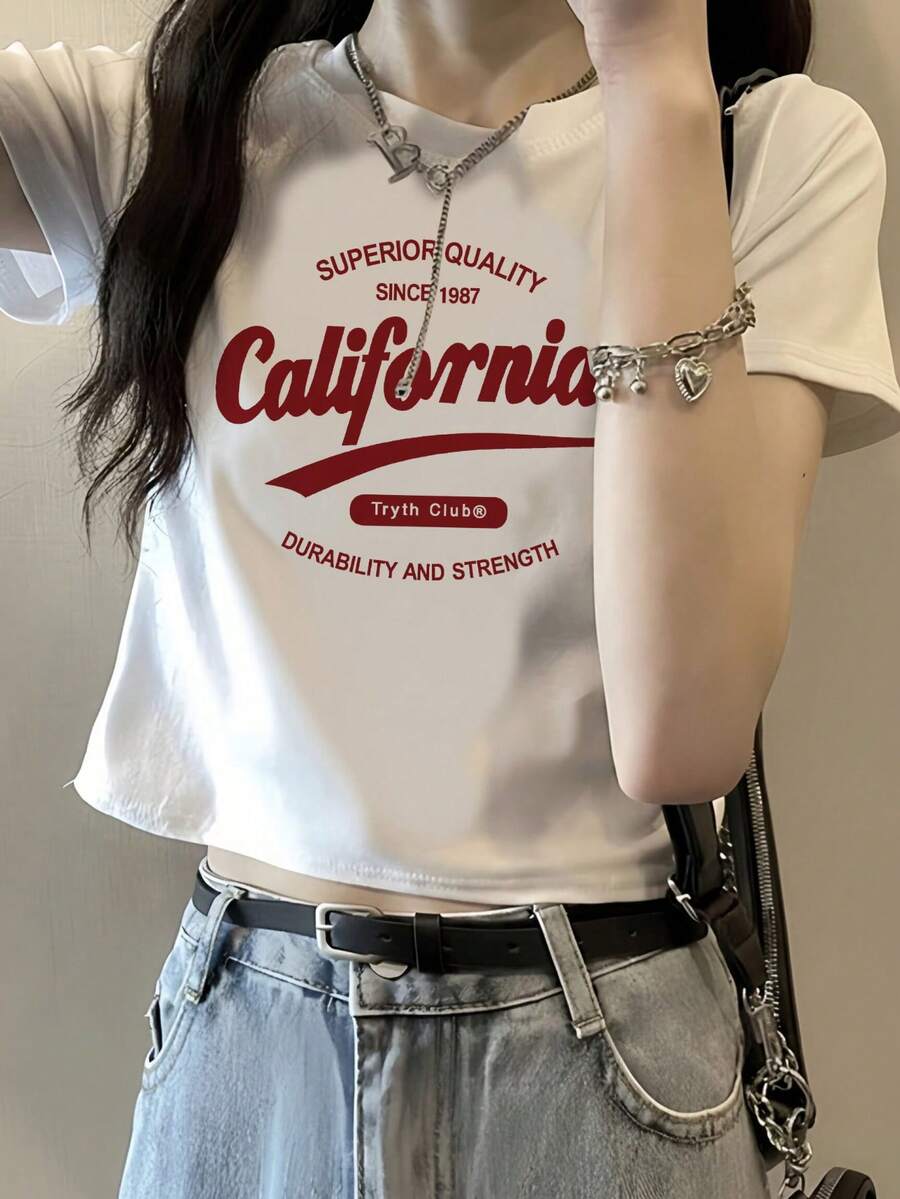 California 藍色字母印花短版上衣,圓領短袖露腰休閒夏季款 - 白-印花紅 - 查看 1