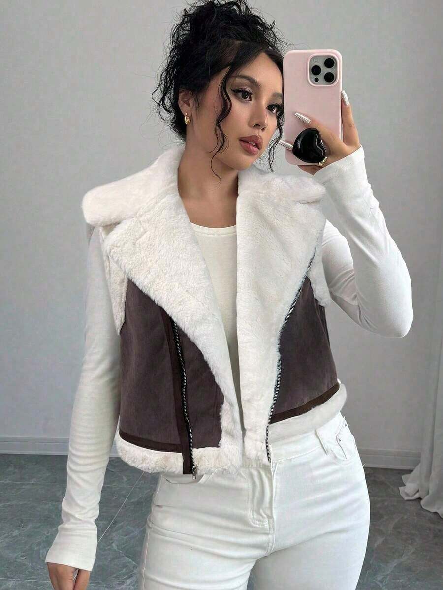 Chaqueta holgada de forro polar con solapa marrón para mujer - Café integral - Ver 1