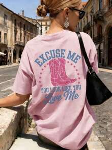 Camiseta de Cuello Redondo con Estampado Gráfico Personalizado de Botas Rojas de Verano para Mujer, Estilo Occidental, Casual - Rosa - Ver 5