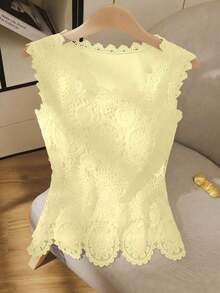 Camiseta de mujer de encaje a ganchillo, diseño de blusa elegante y de moda sin mangas, estilizadora - Amarillo claro - Ver 6