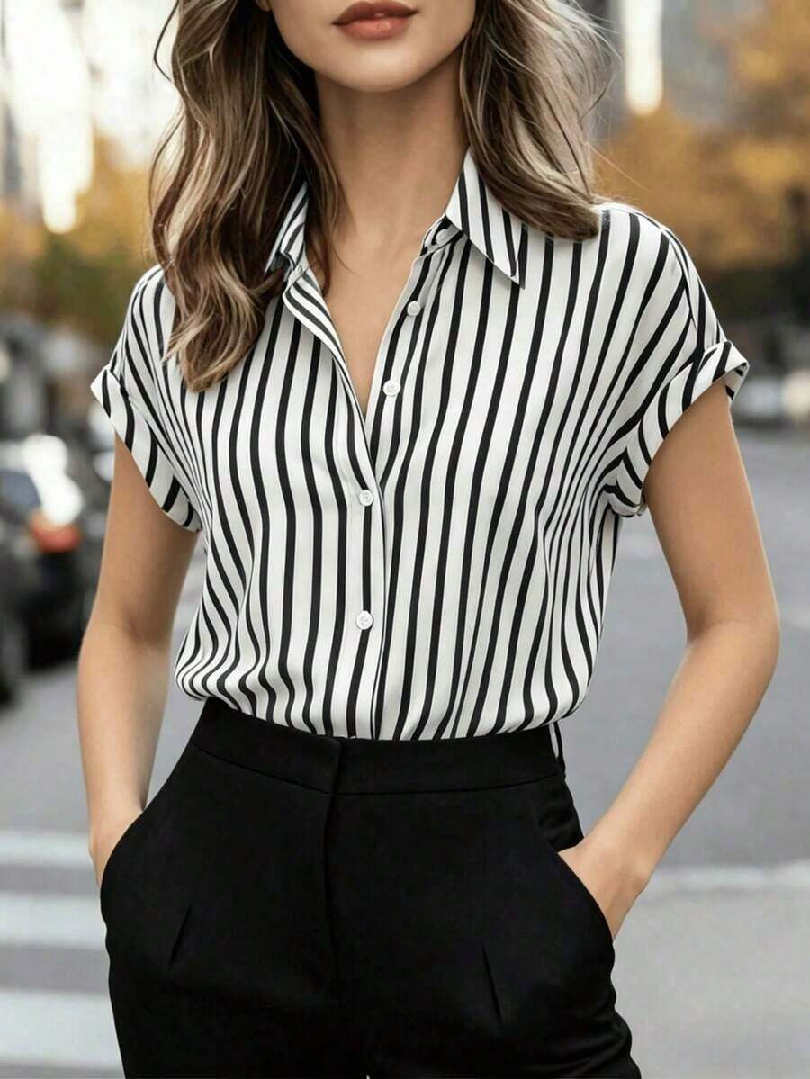 Camisa de manga corta de un solo pecho con hombros caídos y diseño a rayas de moda de verano, cierre delantero de botones de color contrastante de poliéster, diseño corto por delante y largo por detrás - Fondo blanco con rayas negras - Ver 1