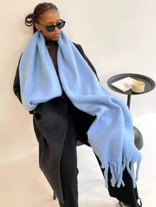 1 pieza Bufanda de mujer de unicolor con forro polar grueso, cálido cuello de invierno, chal grueso de color azul claro con flecos, bufanda de punto grueso con flecos - Celeste - Ver 2