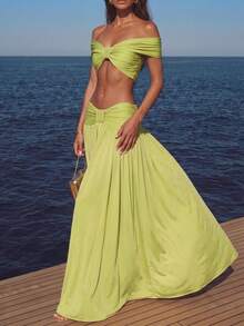 Perirose Bộ đồ nữ màu xanh lá chanh gồm áo croptop trễ vai và chân váy dài, thiết kế thắt eo thời trang, gồm 2 mảnh, thích hợp cho kỳ nghỉ biển. - Màu xanh Ô liu - Xem 5