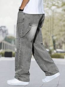 Plus Size Men's Fashion Distressed Embroidered Wide Leg Jeans - Grey - View 5