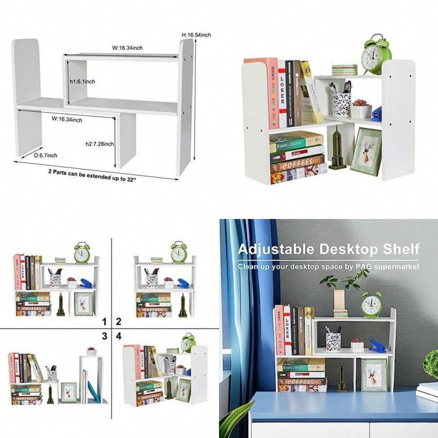 PAG - Organizador de computadora, estante ajustable para encimera, estante de mesa pequeño, organizador de libros, organización de oficina, para computadora, color - Blanco puro - Ver 1