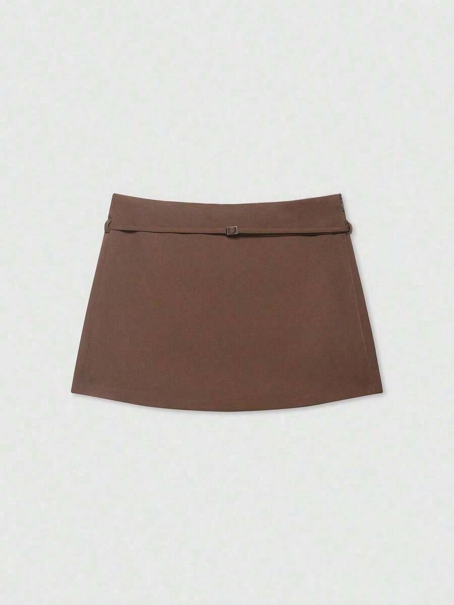Falda pantalón negra de unicolor minimalista para uso casual, oficina y viajes, con hebilla y cinturón, para verano - Marrón rojizo - Ver 1