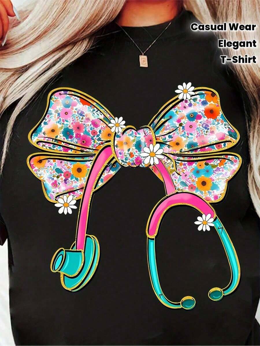 Women's Floral T-Shirt With Bow - Elegant Nursing Blouse With Floral Details, Stretchy Work Shirt For Nurses And Healthcare Professionals - Soft Clothing For Everyday Wear In The Hospital (Spring-Autumn-Summer) - Ideal Gift For Nurses, Nurse Shirt, Casual Wear - 黑色 - 查看 1
