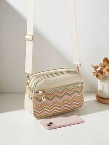 1pc Casual Commuter Women's Crossbody Bag, 4 Zipper Design, Solid Color Personalized Fashion Rainbow Texture, Comfortable Handheld, Shoulder Strap, Large Capacity, Suitable For Travel, Shopping, Commuting - Multicolor - View 3