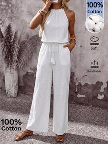 Mono informal de mujer con estampado floral diminuto y escote halter - Blanco 2 - Ver 4