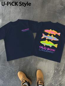1pc 2026 Summer 100% Cotton Graphic Tee OLDROW Outdoors Colorful Fish Trio Humorous Graphic T Shirt Crew Neck All Season Casual Sports TeeFather's Day - 藏蓝色 - 查看 1