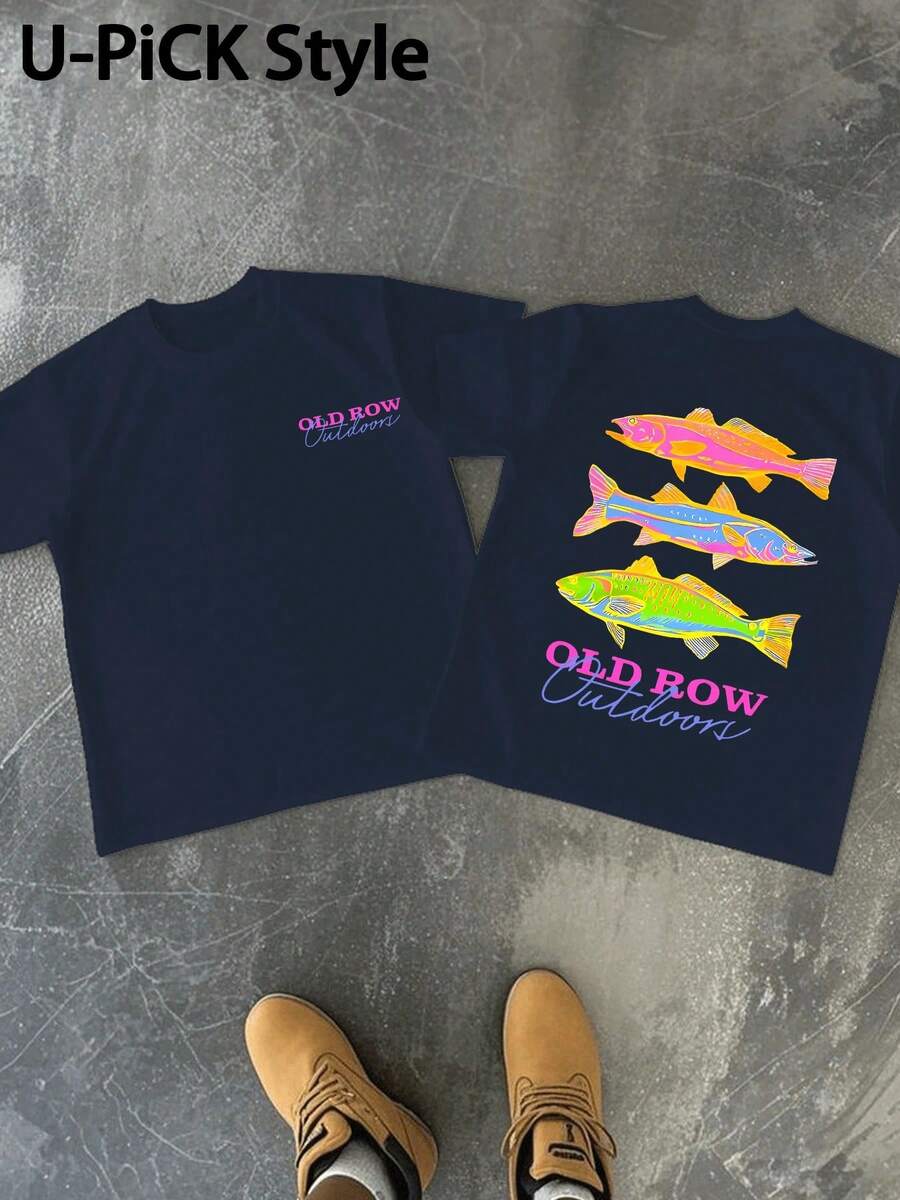 1pc 2026 Summer 100% Cotton Graphic Tee OLDROW Outdoors Colorful Fish Trio Humorous Graphic T Shirt Crew Neck All Season Casual Sports TeeFather's Day - 藏蓝色 - 查看 1