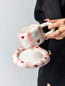 1 Set Classic Striped Heart Ceramic Coffee Cup & Saucer, Cute Korean Ins Style Mug Design With Matching Striped Heart Coaster, Ideal Choice For Coffee, Perfect Birthday & Holiday Gift, Suitable For Home Use, Great Gift For Him, Fun Cup. - Multicolor - View 10