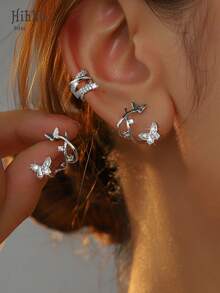 Hihho Set de 3 piezas de aretes de mariposa + clips en forma de X, aretes de circonita cúbica brillante y mariposa de estilo único y creativo, regalo para niñas - Juego de pendientes - Ver 3
