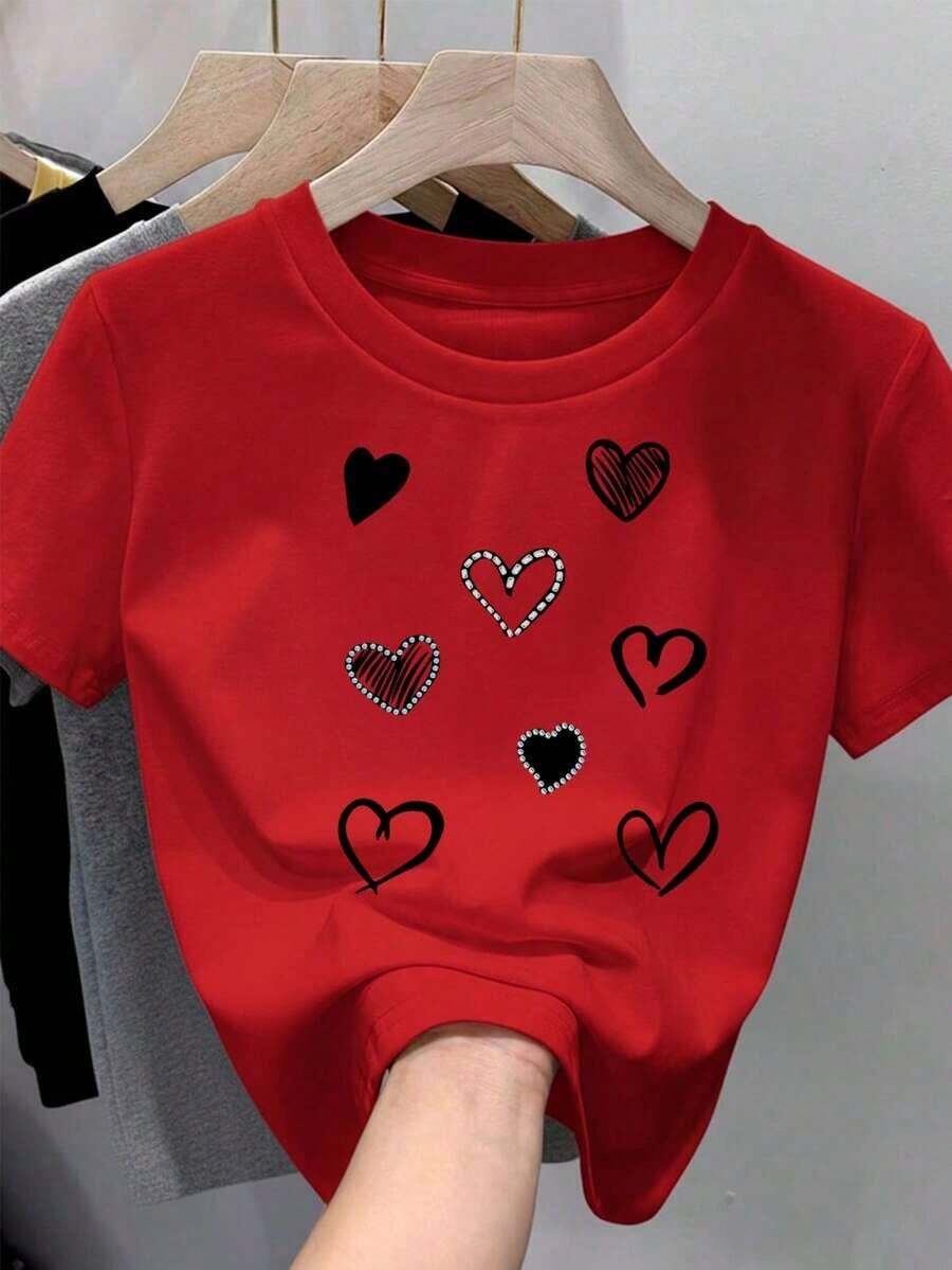 Camiseta para mujer de 100% algodón, suave y cómoda de manga corta y cuello redondo con estampado de corazones con diferentes texturas Día de San Valentín Festividades Día del amor y amigo 14 Febrero-Vintage Street Style Unisexoose Cotton Short Sleeve Crew Neck T-Shirt - Rojo - Ver 1