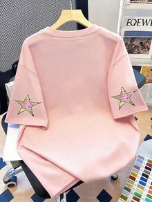 大尺碼女款休閒字母與星星印花圓領T恤，袖口花卉印花短袖上衣，適合日常穿著、海灘度假、外出、旅行、派對，夏季度假粉色女款 - 粉色 - 查看 5