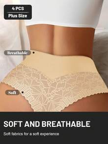 MEIYATING 4pcs/Pack Plus Size Women Lace Trim Mesh Splice Soft Comfortable Sexy Thong Panties - Multicolor - View 3