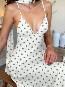 Vestido con estampado de lunares y tirantes para espalda descubierta para mujeres - Blanco - Ver 2