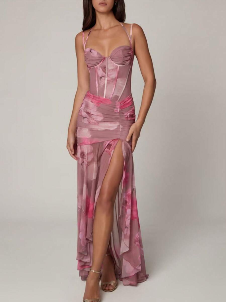 Women's Short Printed Strappy Dress - High Waist With Side Slit, Beachy Holiday Style - New Arrival Summer 2026 - 粉色 - 查看 1