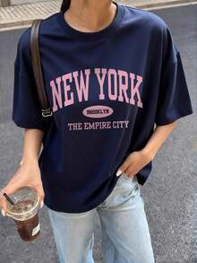 Camiseta de mujer de manga corta con cuello redondo y estampado de letras, casual y versátil para uso diario - Azul oscuro - Ver 7