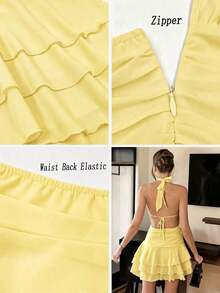 Vestido elegante y romántico de cuello halter, cintura ajustada, vestido corto con volantes plisados en albaricoque y blanco, nuevo vestido de primavera/verano, vestido para cita de San Valentín, vestido casual de vacaciones, vestido románt - Amarillo - Ver 6