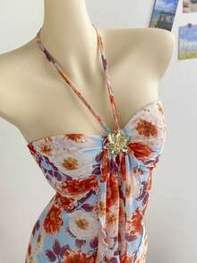 Vestido maxi de mujer con cuello halter, ajustado, con detalles de hebilla metálica y degradado romántico de malla de punto, adecuado para fiesta, cita, té de la tarde, sexy y elegante - Multicolor 2 - Ver 3
