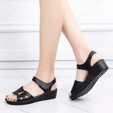 Women's Summer Sandals - Casual Solid Color, Breathable Hollow-Out Design, Hook And Loop Closure, Flat Heel Beach Shoes, Versatile Flat Sandals | Comfortable Fit - Black - View 4